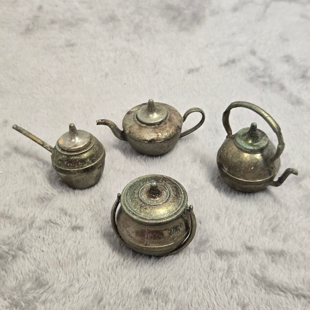 Vintage Made in England Miniature Brass Tea Set Kettle Teapots 4 Piece Lot